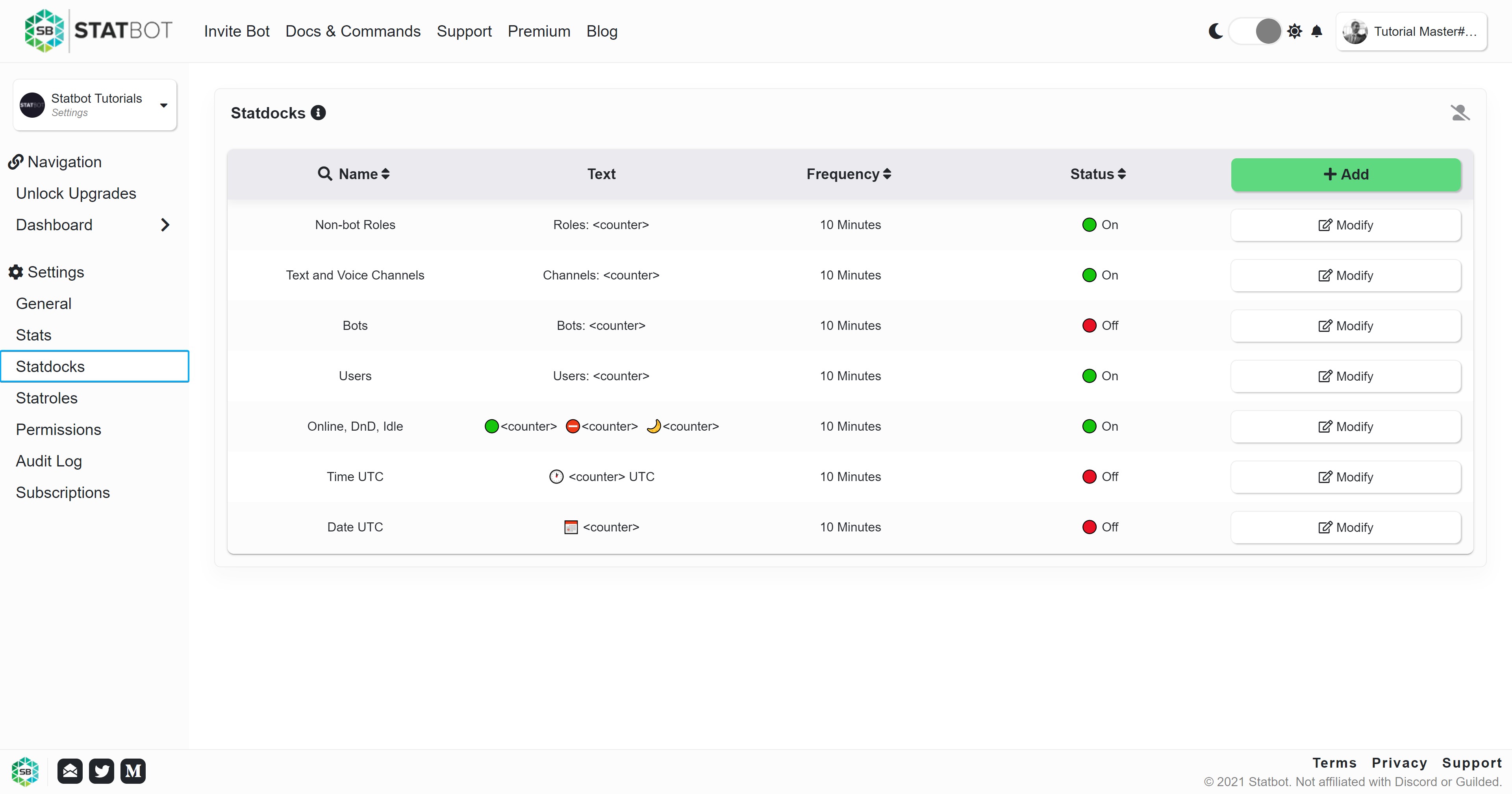 Statdocks dashboard settings page