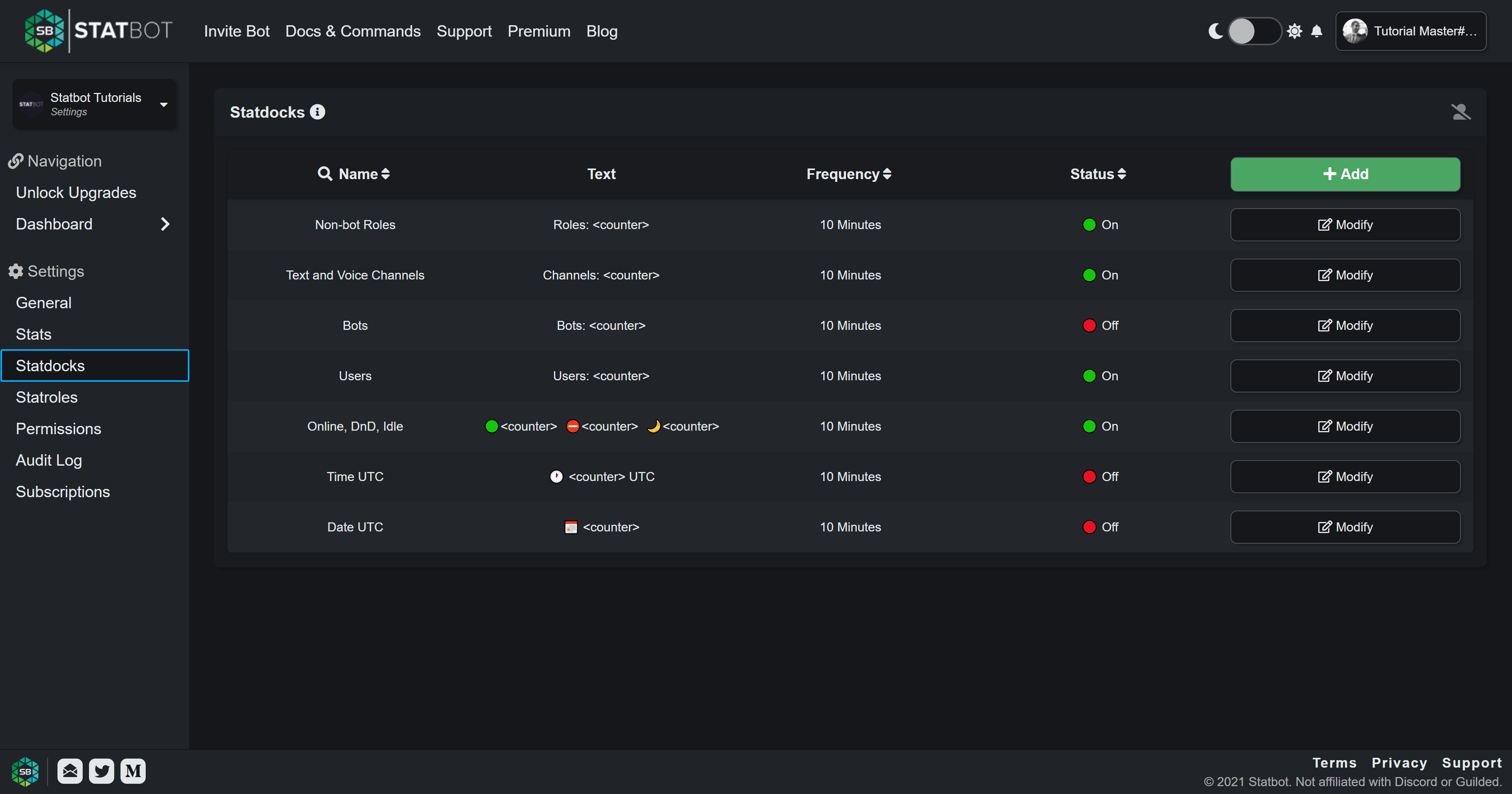 Statdocks dashboard settings page