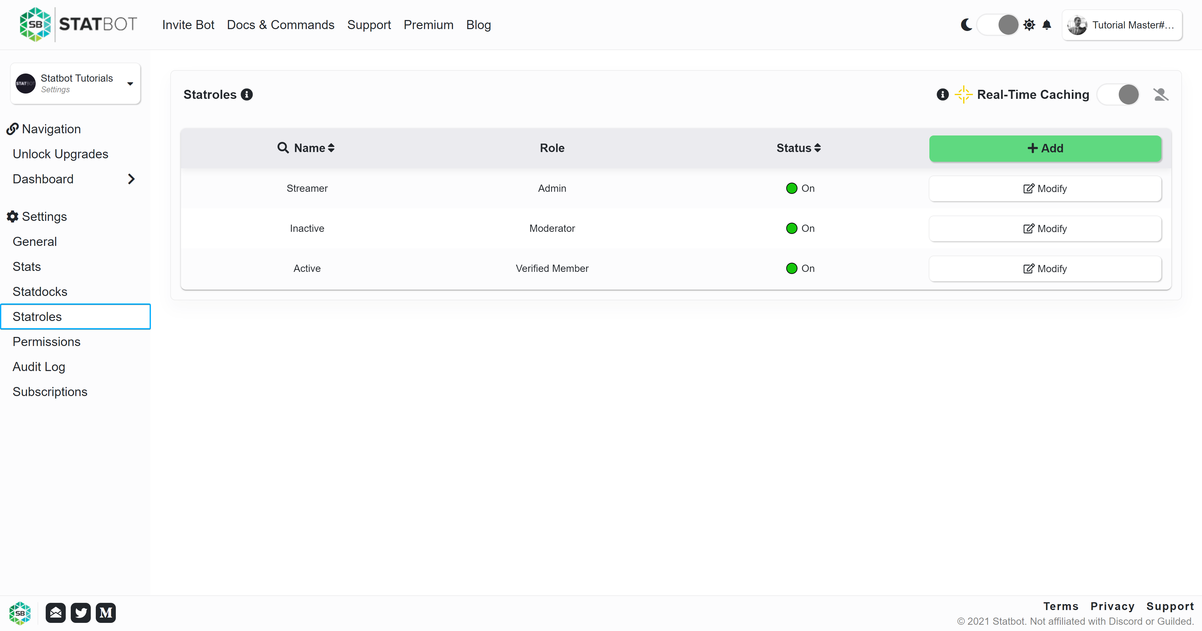 Statroles dashboard settings page