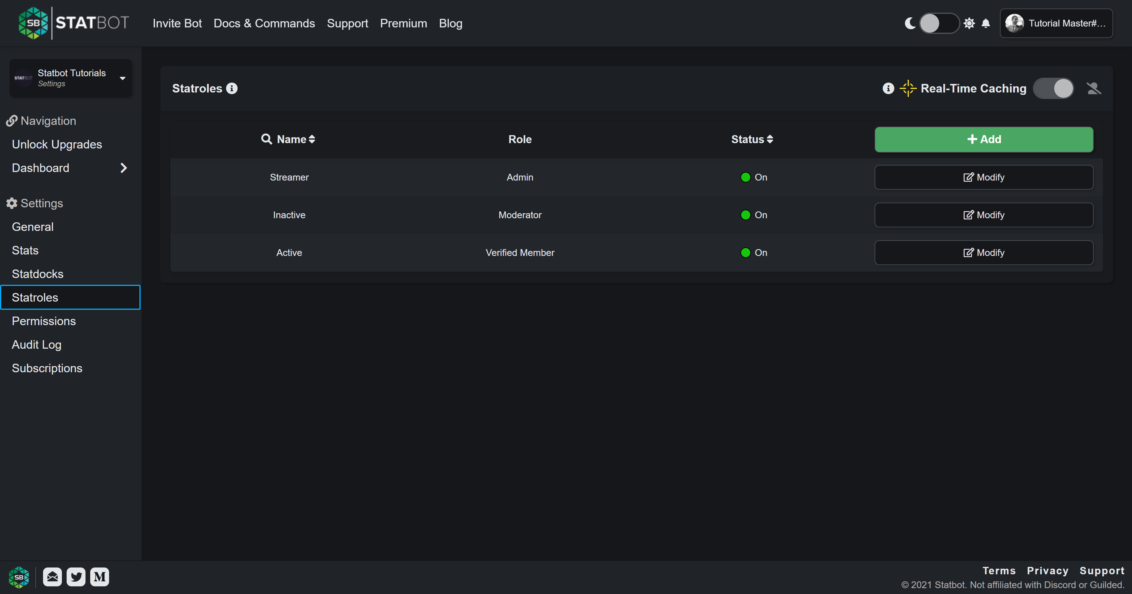 Statroles dashboard settings page